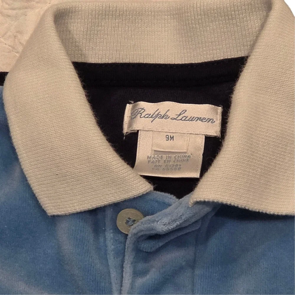 Ralph Lauren Baby Boy Coverall Blue Velour Colorblock Polo Romper 9M